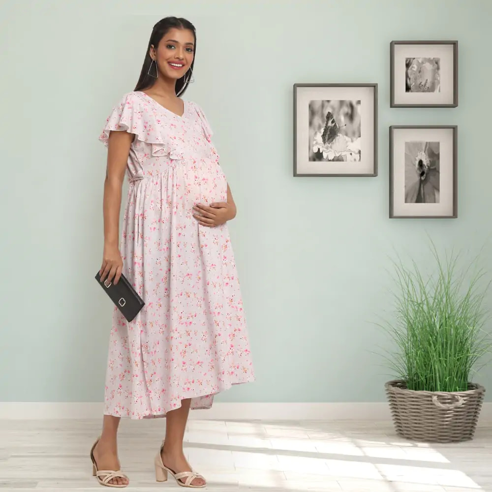 Maternity Dress Midi cum Kurti - L - Floral - Grey