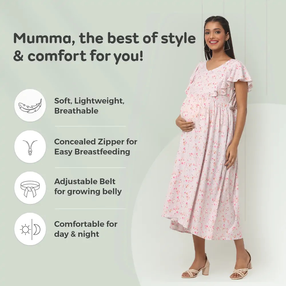 Pre & Post Maternity /Nursing Midi Dress with both sides Zipper for Easy Feeding – Floral - Grey–M 