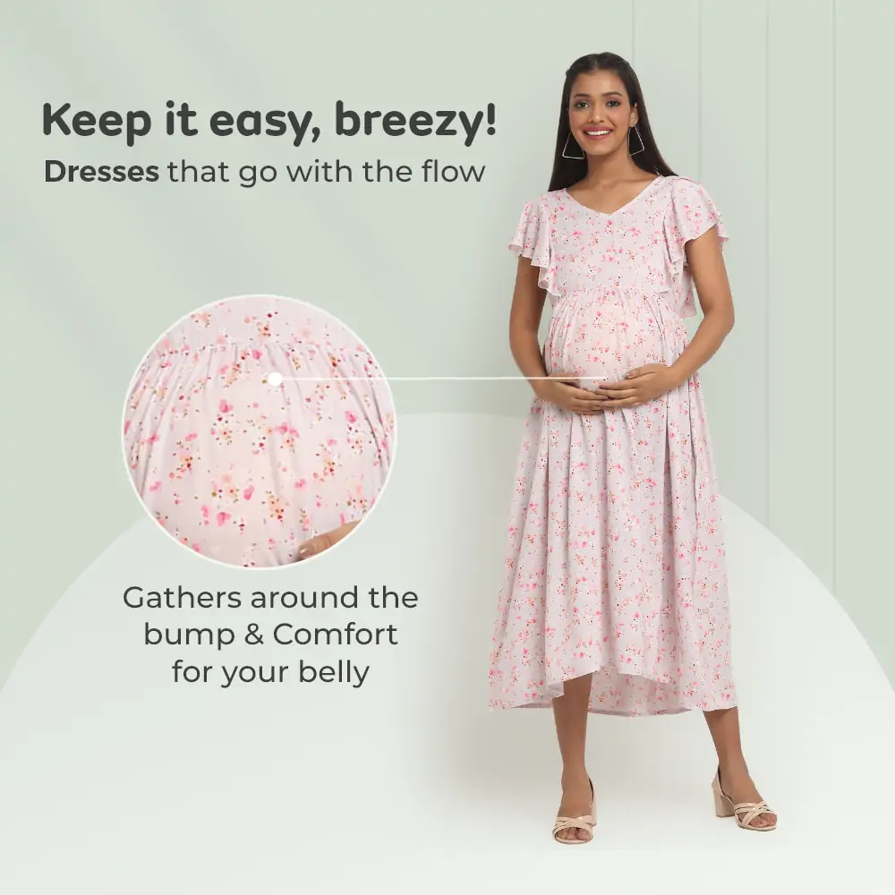 Pre & Post Maternity /Nursing Midi Dress with both sides Zipper for Easy Feeding – Floral - Grey–M 