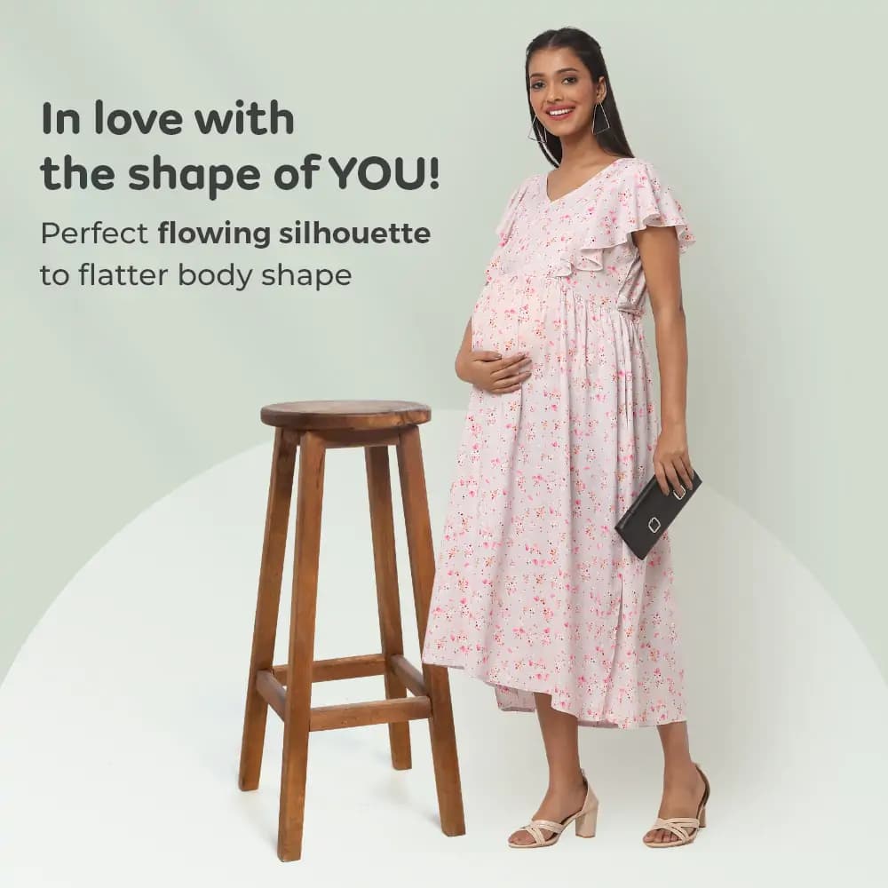 Pre & Post Maternity /Nursing Midi Dress with both sides Zipper for Easy Feeding – Floral - Grey–L