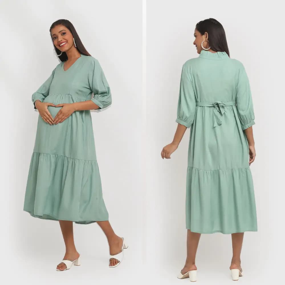 Pre & Post Maternity /Nursing Ruffle collared Solid Midi Dress with both sides Zipper for Easy Feeding – Solid - Olive Green-XL