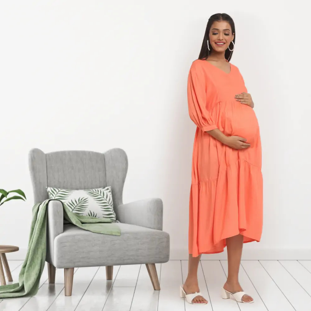 Maternity Dress Midi with Ruffled Collar - L - Solid - Peach