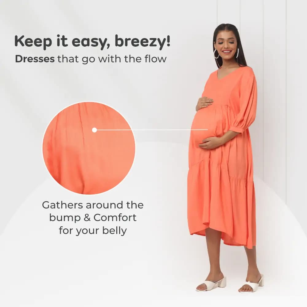 Pre & Post Maternity /Nursing Ruffle collared Solid Midi Dress with both sides Zipper for Easy Feeding - Solid - Peach-L