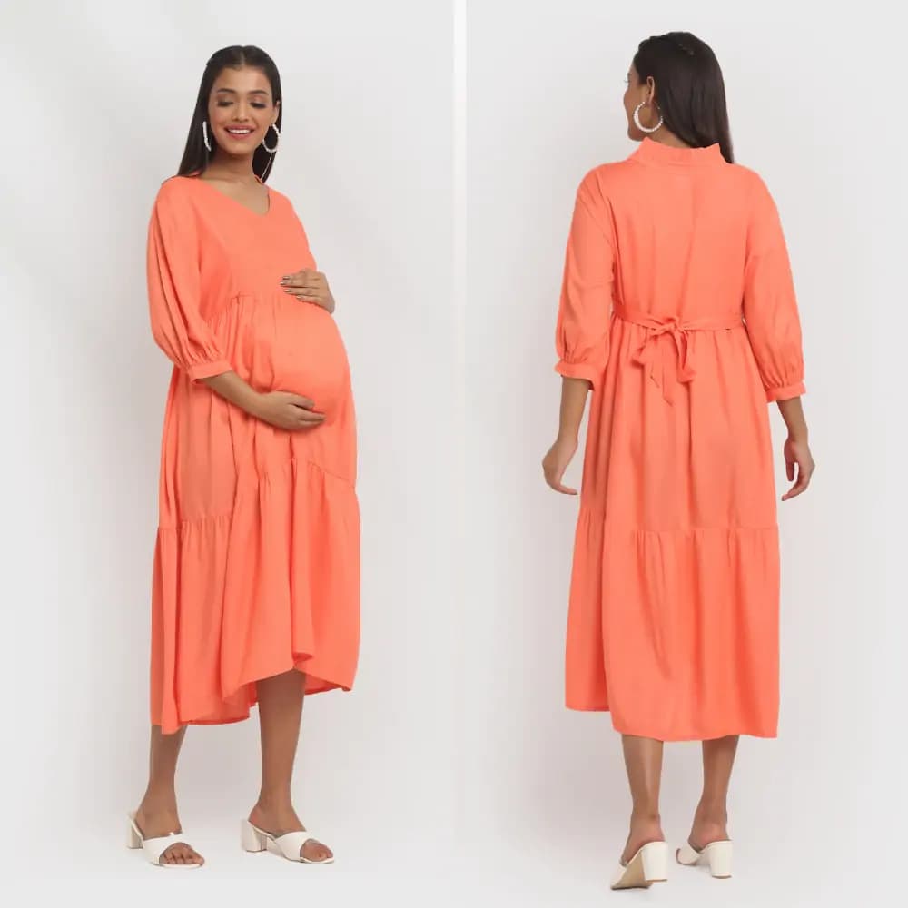 Pre & Post Maternity /Nursing Ruffle collared Solid Midi Dress with both sides Zipper for Easy Feeding - Solid - Peach-L