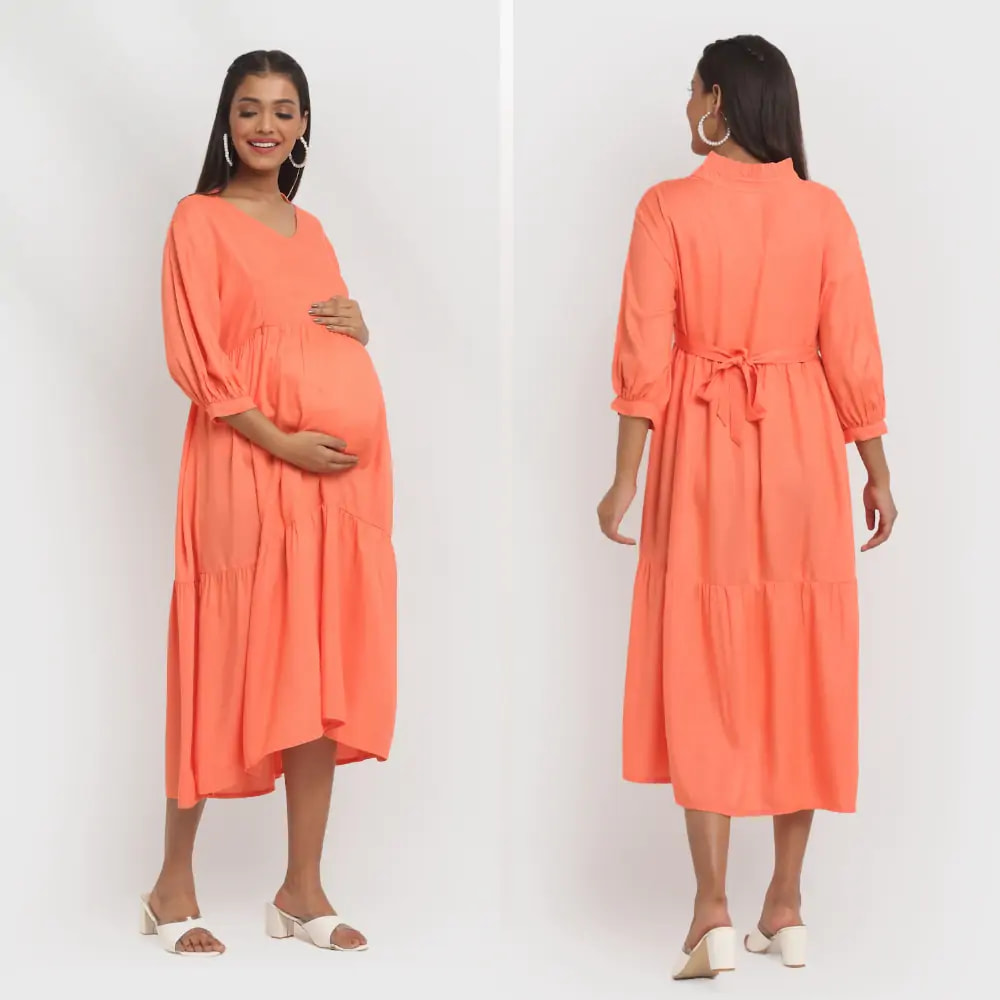 Pre & Post Maternity /Nursing Ruffle collared Solid Midi Dress with both sides Zipper for Easy Feeding – Solid - Peach-M