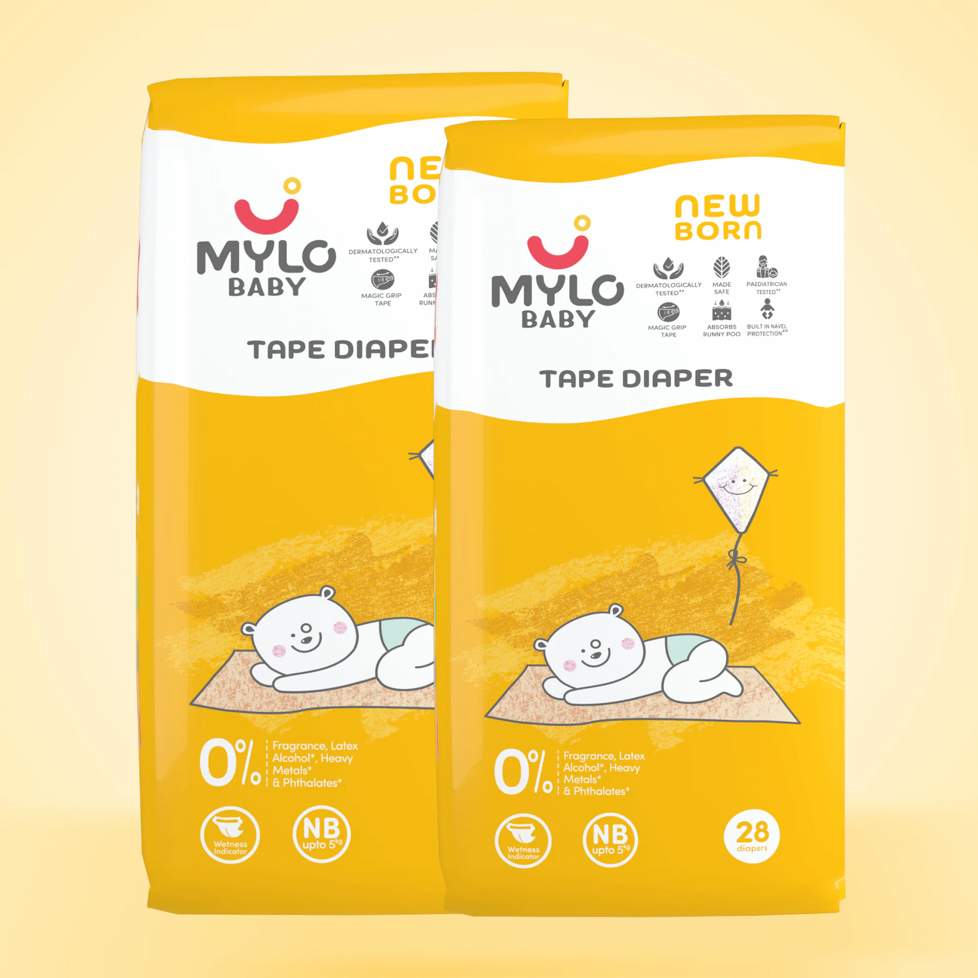 Mylo Baby New Born Tape Diapers | Up to 5Kgs | with Wetness Indicator & Magic Grip Tape | 28 Count - Pack of 2