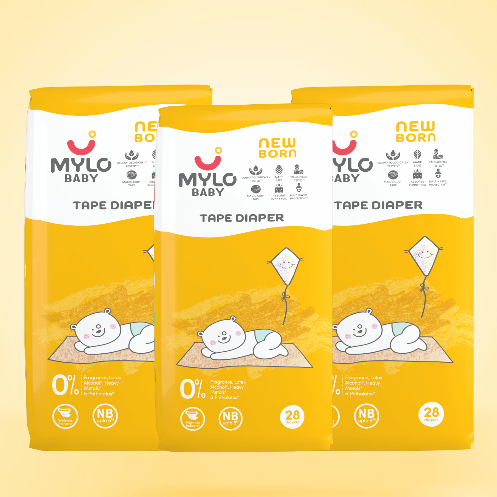 Mylo Baby New Born Tape Diapers | Up to 5Kgs | with Wetness Indicator & Magic Grip Tape | 28 Count - Pack of 3 