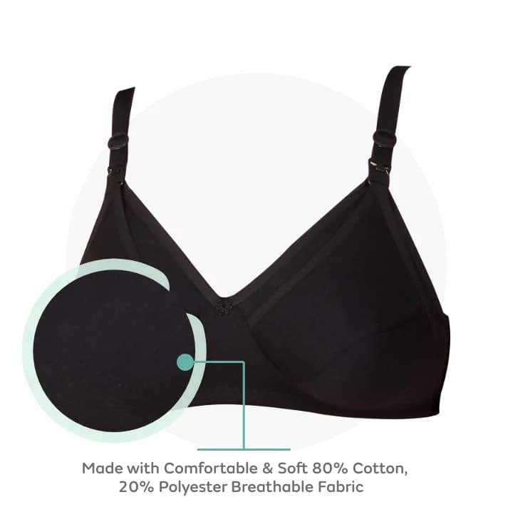 42B- Non-Wired Non-Padded Maternity Bra/Feeding Bra with Free Bra Extender | Supports Growing Breasts | Eases Pumping & Feeding | Classic Black  MATERIAL 