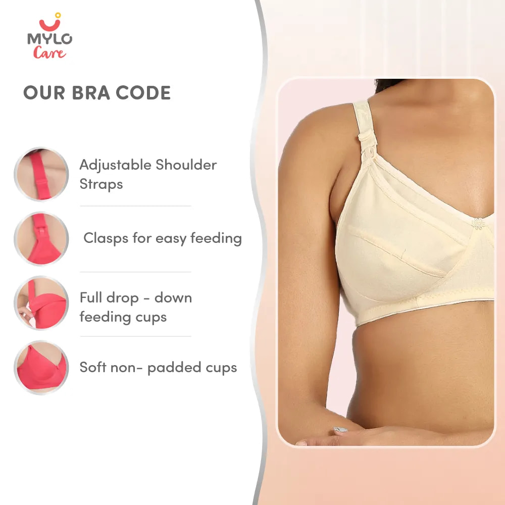 Non-Wired Non-Padded Maternity Bra/Feeding Bra with Free Bra Extender | Supports Growing Breasts | Eases Pumping & Feeding | Sandalwood, Persian Blue, Dark Pink 32B
