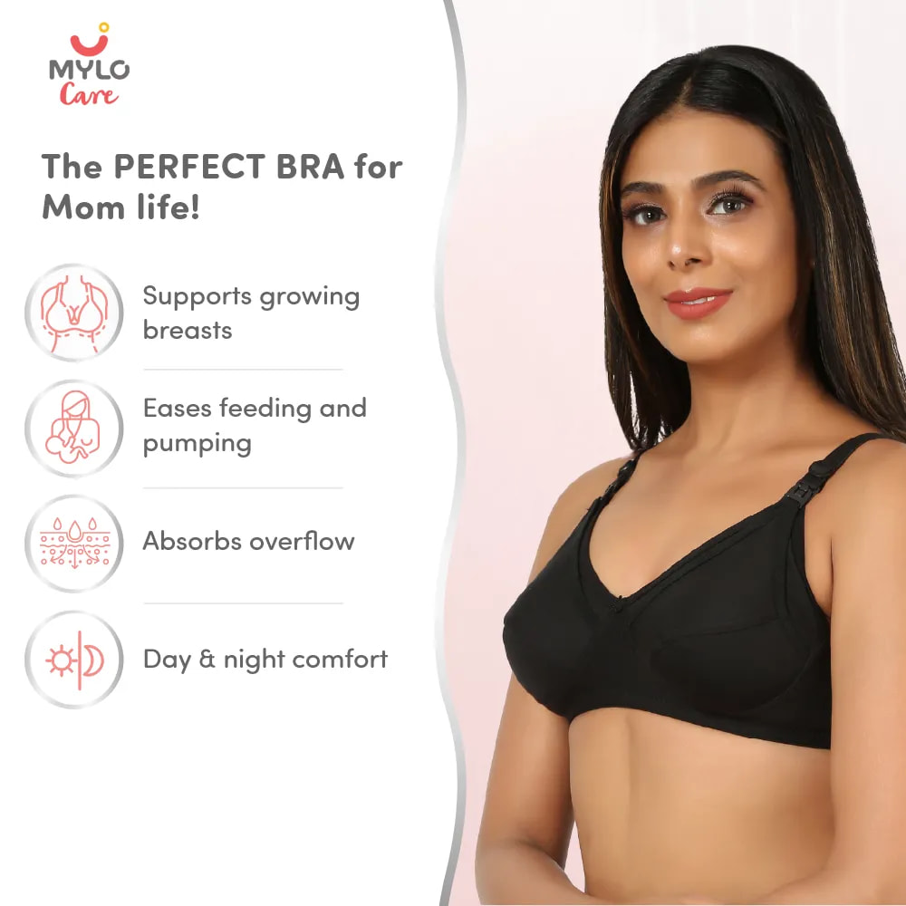 32B- Non-Wired Non-Padded Maternity Bra/Feeding Bra with Free Bra Extender | Supports Growing Breasts | Eases Pumping & Feeding | Classic Black