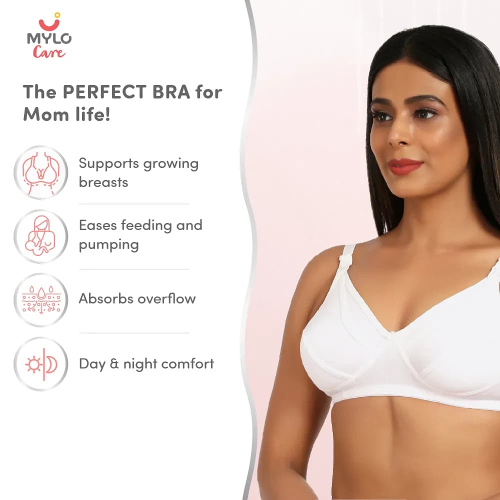 42B- Non-Wired Non-Padded Maternity Bra/Feeding Bra with Free Bra Extender | Supports Growing Breasts | Eases Pumping & Feeding | Classic White