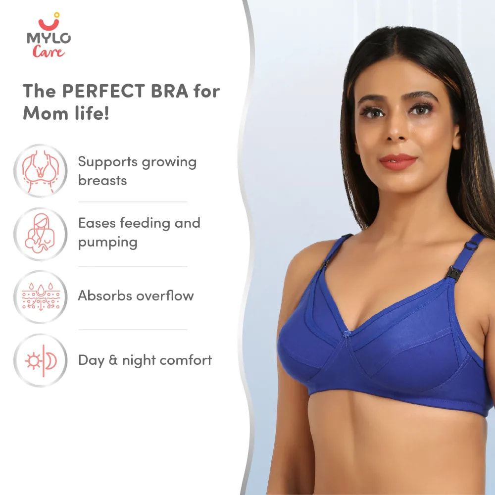 32B- Non-Wired Non-Padded Maternity Bra/Feeding Bra with Free Bra Extender | Supports Growing Breasts | Eases Pumping & Feeding | Persian Blue
