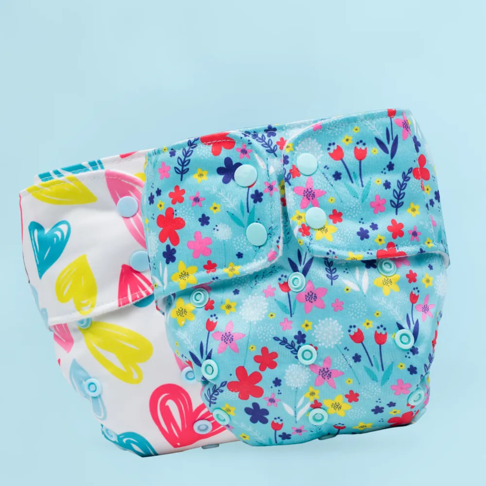 Adjustable Washable & Reusable Cloth Diaper With Dry Feel, Absorbent Insert Pad (3M-3Y) | Oeko-Tex Certified | Prevents Rashes - Floral Spring & Heart Doodles - Pack of 2