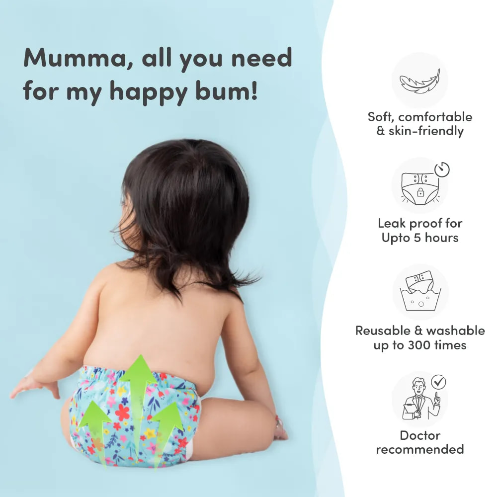 Adjustable Washable & Reusable Cloth Diaper With Dry Feel, Absorbent Insert Pad (3M-3Y) | Oeko-Tex Certified | Prevents Rashes - Floral Spring & Heart Doodles - Pack of 2