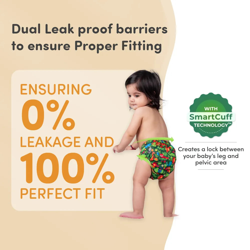 Adjustable Washable & Reusable Cloth Diaper With Dry Feel, Absorbent Insert Pad (3M-3Y) | Oeko-Tex Certified - Heart Doodles & Jungle - Pack of 2