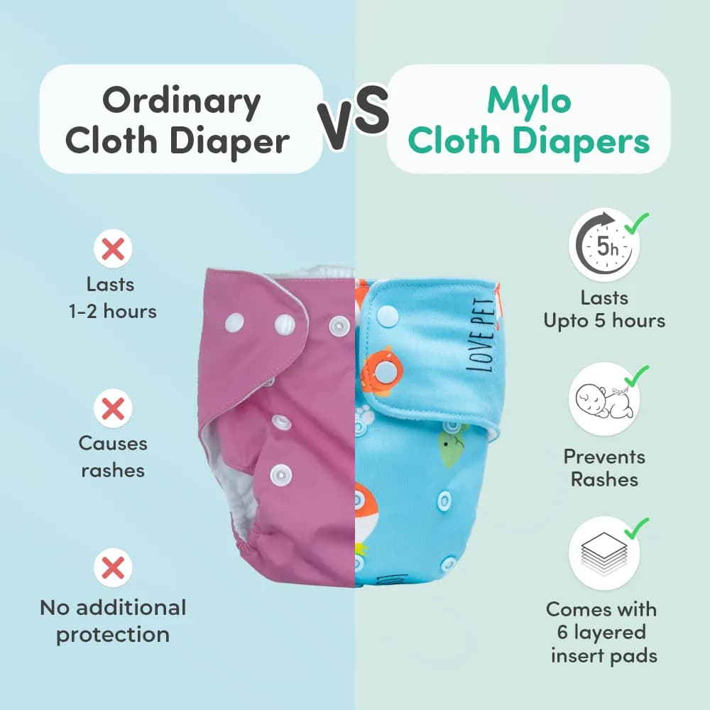 Adjustable Washable & Reusable Cloth Diaper With Dry Feel, Absorbent Insert Pad (3M-3Y) | Oeko-Tex Certified - Rainbow & Pet Love- Pack of 2