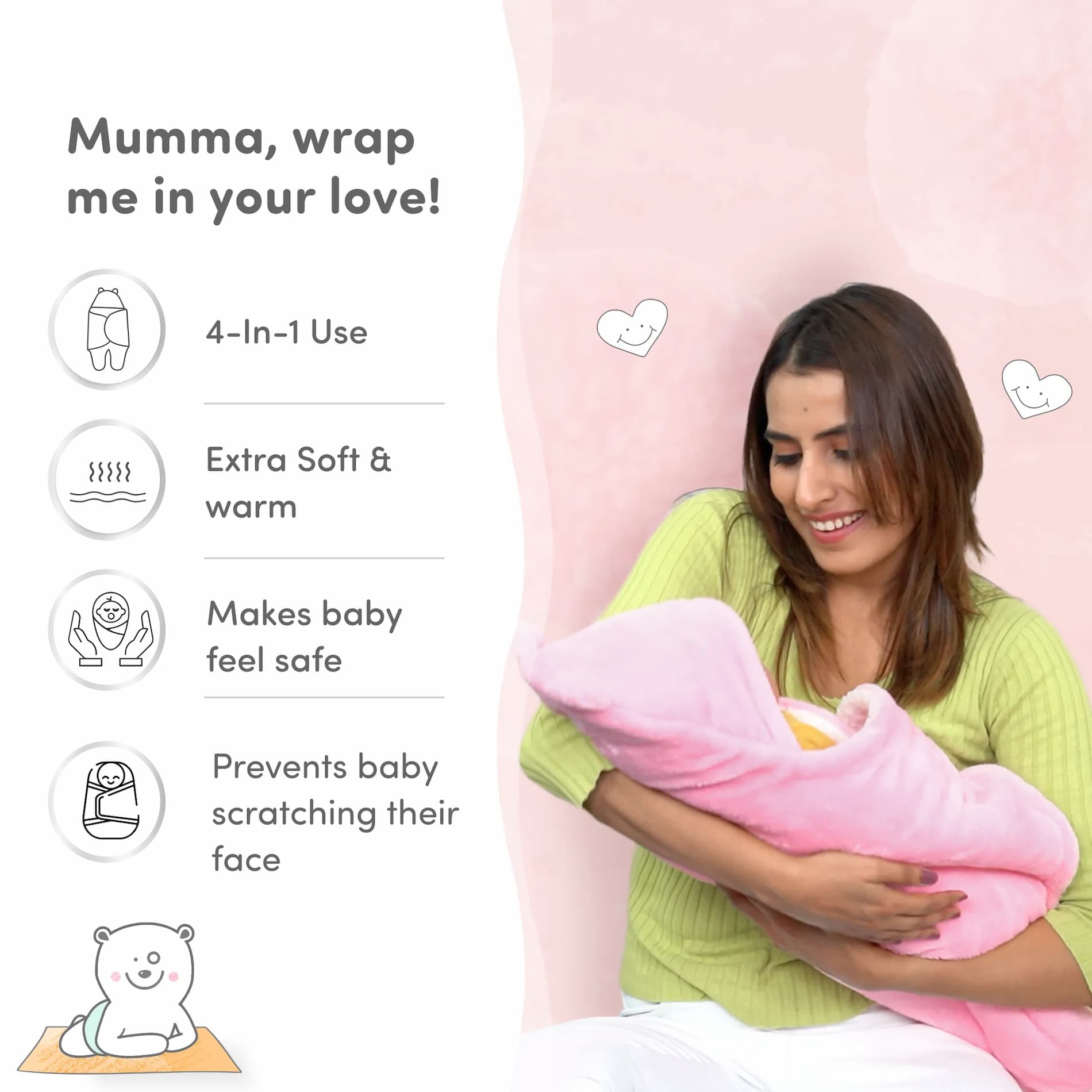 Baby Wrapper for New Born | Baby Swaddling Wrapper | 4-in-1 All Season AC Blanket cum Sleeping Bag for Baby 0-6 Months - Light Pink & Light Brown