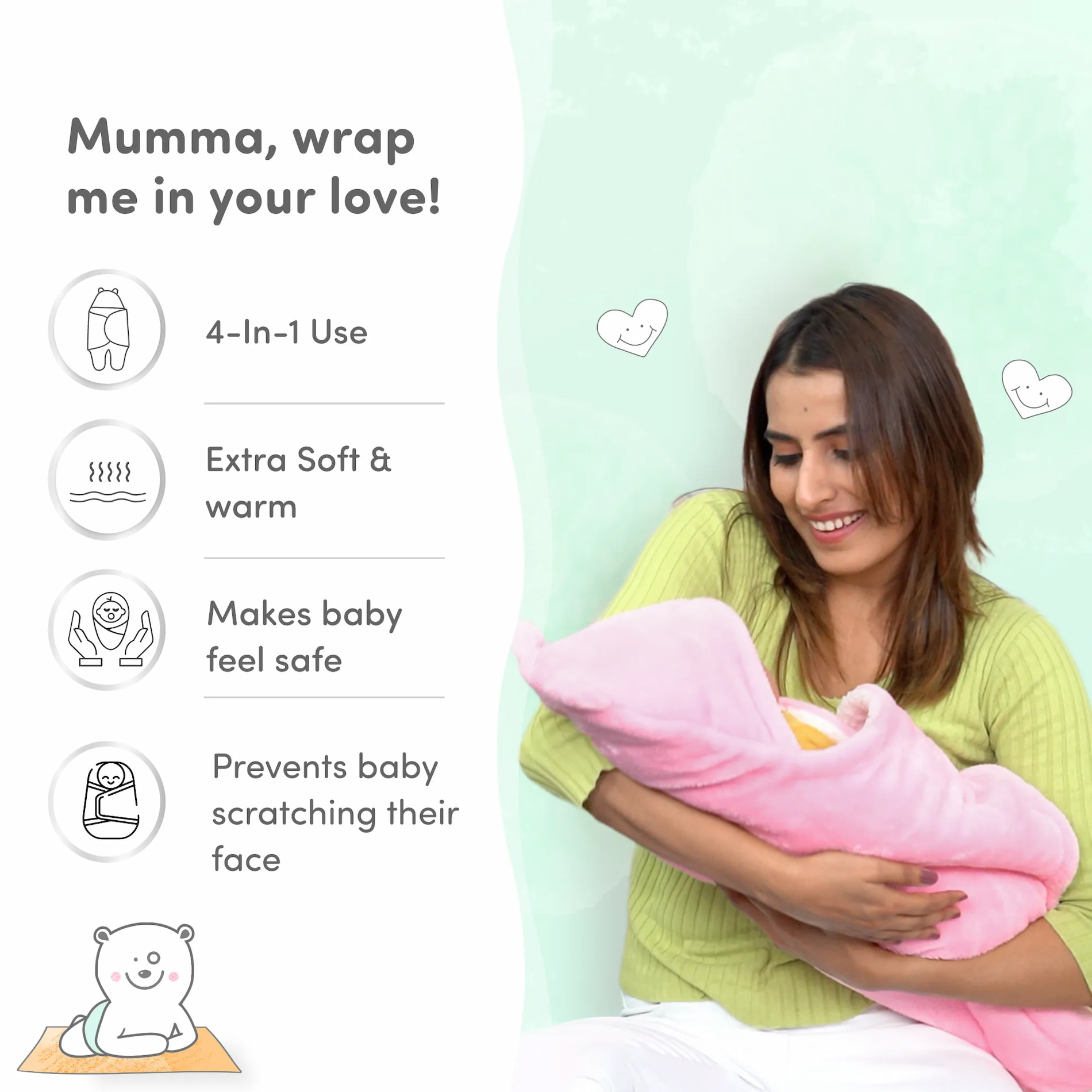 Baby Wrapper for New Born | Baby Swaddling Wrapper | 4-in-1 All Season AC Blanket cum Sleeping Bag for Baby 0-6 Months - Mint Green & Light Brown