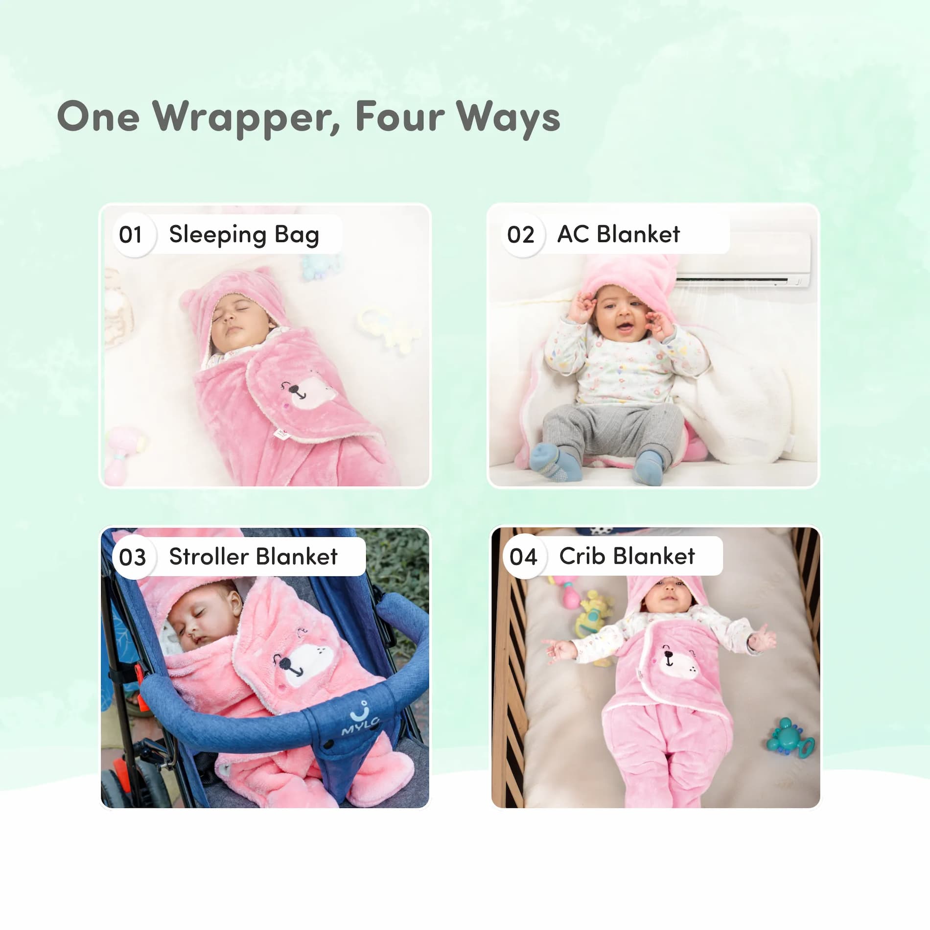 Baby Wrapper for New Born | Baby Swaddling Wrapper | 4-in-1 All Season AC Blanket cum Sleeping Bag for Baby 0-6 Months - Mint Green & Light Brown