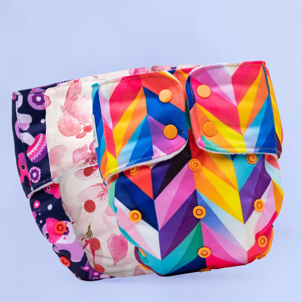 Adjustable & Reusable Cloth Diaper - Cherry Blossom, Purple Love & Rainbow - Pack of 3