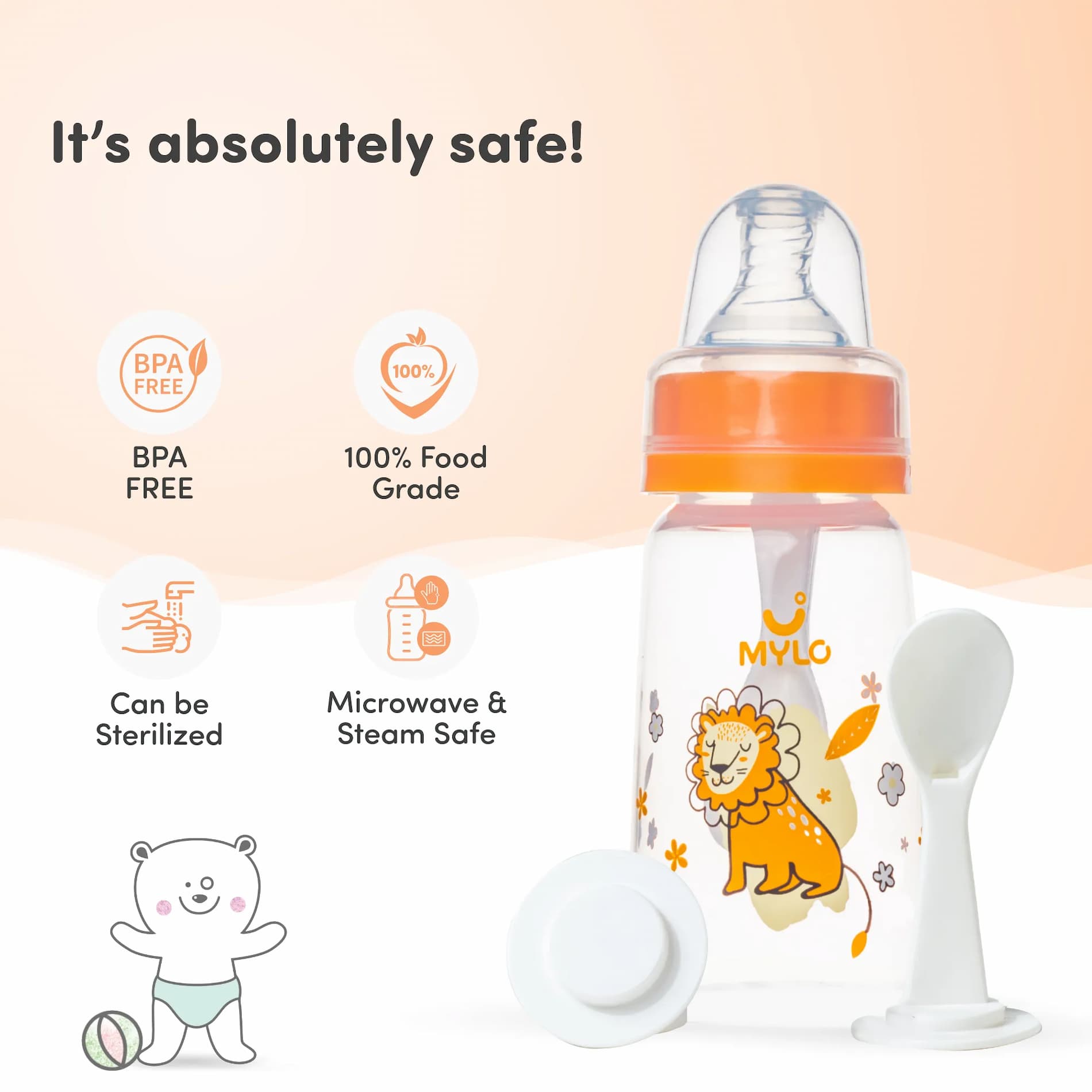 2-in-1 Baby Feeding Bottle | BPA Free with Anti-Colic Nipple & Spoon | Feels Natural Baby Bottle | Easy Flow Neck Design - Lion 125ml