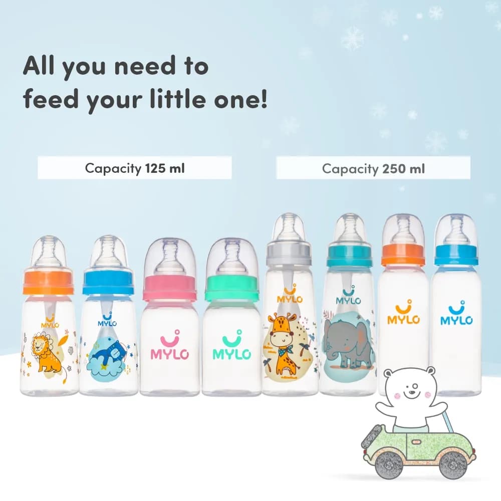 2-in-1 Baby Feeding Bottle | BPA Free with Anti-Colic Nipple & Spoon | Feels Natural Baby Bottle | Easy Flow Neck Design - Bear 125ml