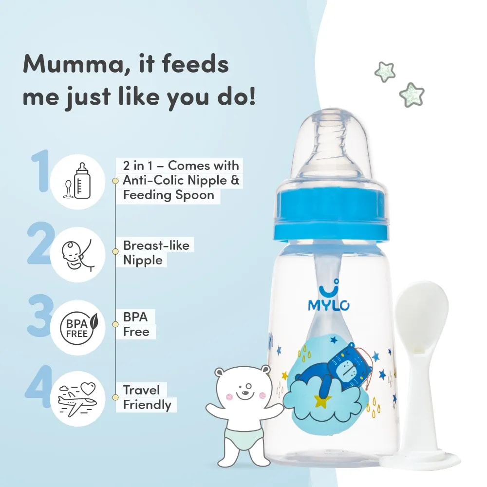 2-in-1 Baby Feeding Bottle | BPA Free with Anti-Colic Nipple & Spoon | Feels Natural Baby Bottle | Easy Flow Neck Design - Bear 125ml