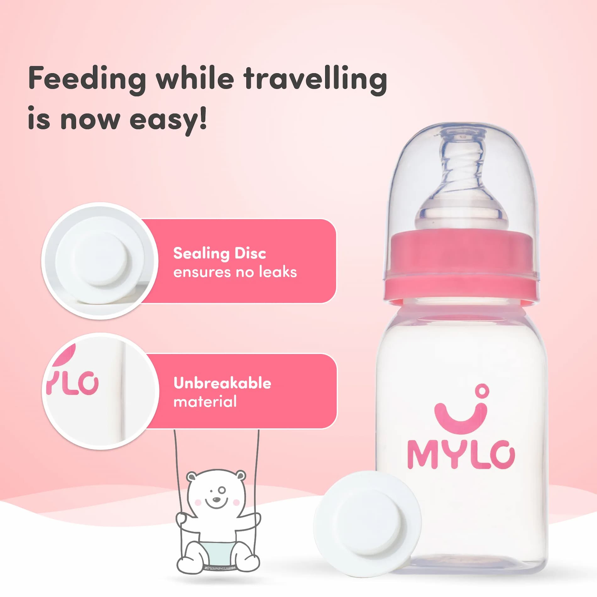 2-in-1 Baby Feeding Bottle | BPA Free with Anti-Colic Nipple | Feels Natural Baby Bottle | Easy Flow Neck Design - Pink 125ml