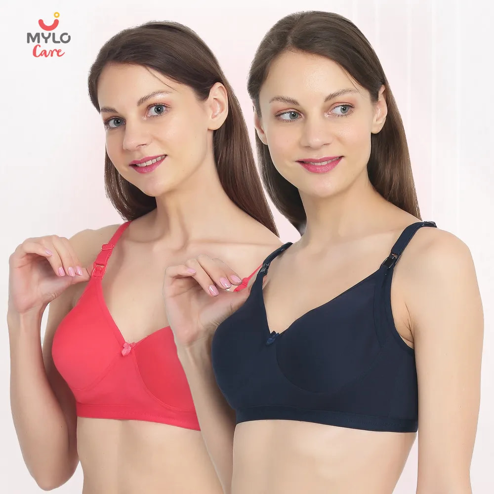 Moulded Spacer Cup Maternity Bra/Feeding Bra with Free Bra Extender | Supports Growing Breasts | Eases Pumping & Feeding | Coral, Navy 36B