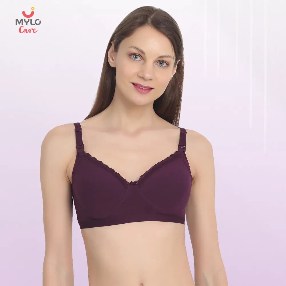 32B- Light Padded Maternity Bra/Non Wired Feeding Bra with Free Bra Extender | Supports Growing Breasts | Eases Pumping & Feeding | Plum