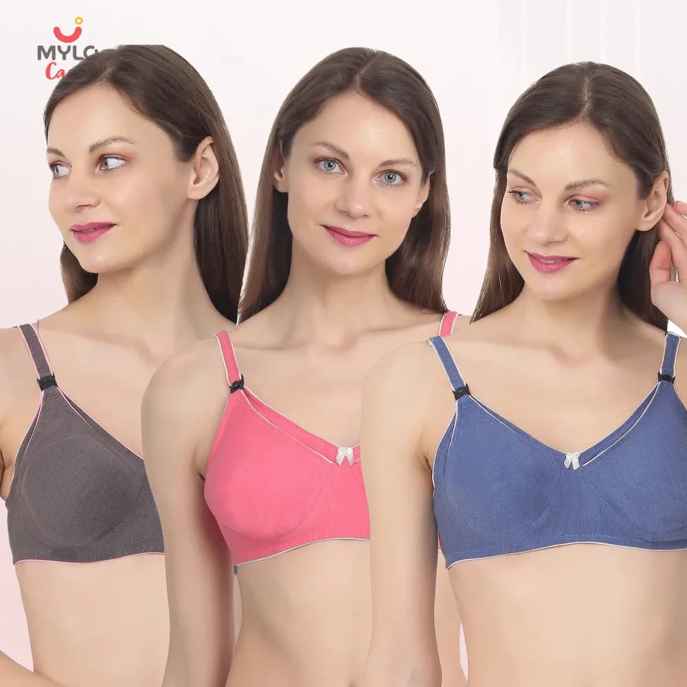 Maternity/Nursing Moulded Cup Extra Comfort Bra with free Bra Extender (Pack of 3) - Pink,Blue, DustyGrey- 32B 