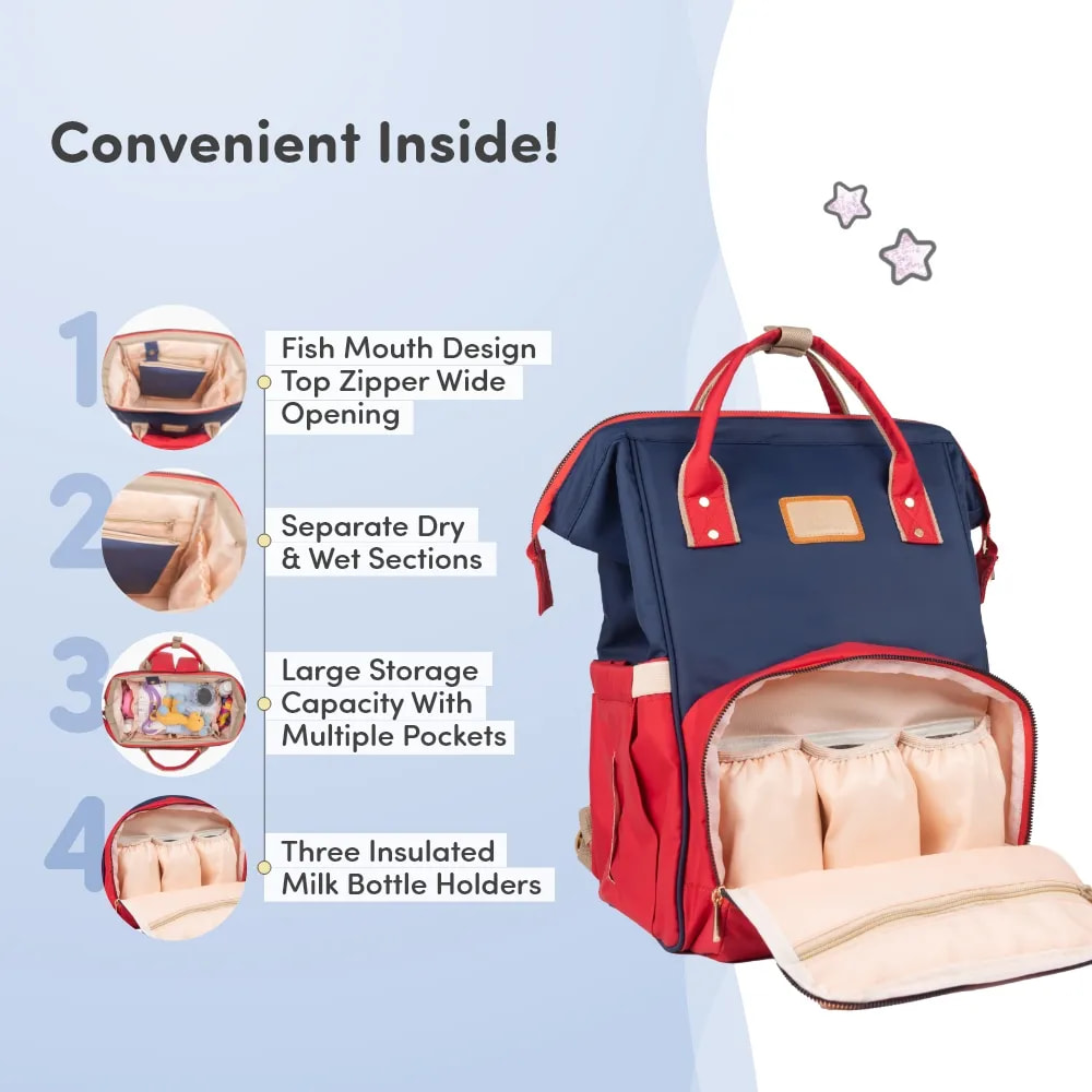 Baby Diaper Bag With Dry/Wet Pockets | Multifunctional 12 Pocket Stylish Diaper Bag Backpack | Water-Resistant | Free Diaper Pouch - Navy & Red