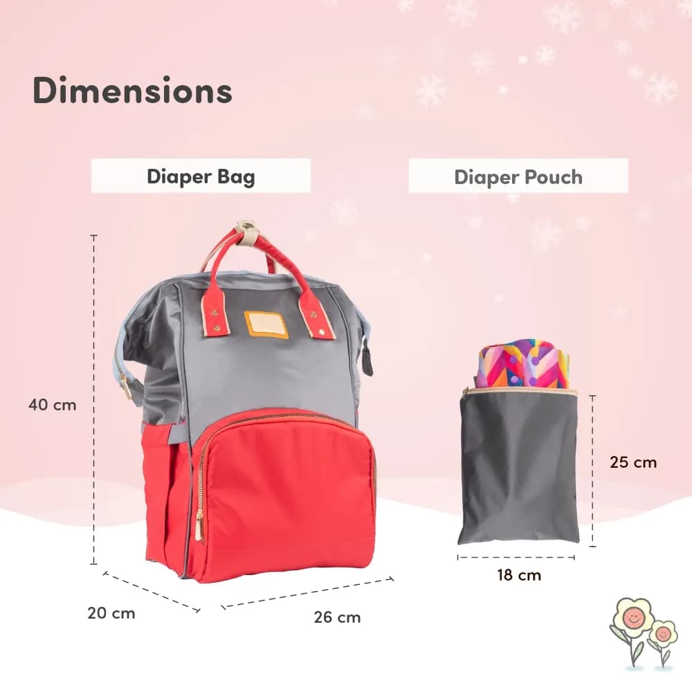 Baby Diaper Bag With Dry/Wet Pockets | Multifunctional 12 Pocket Stylish Diaper Bag Backpack | Water-Resistant | Free Diaper Pouch - Grey & Red