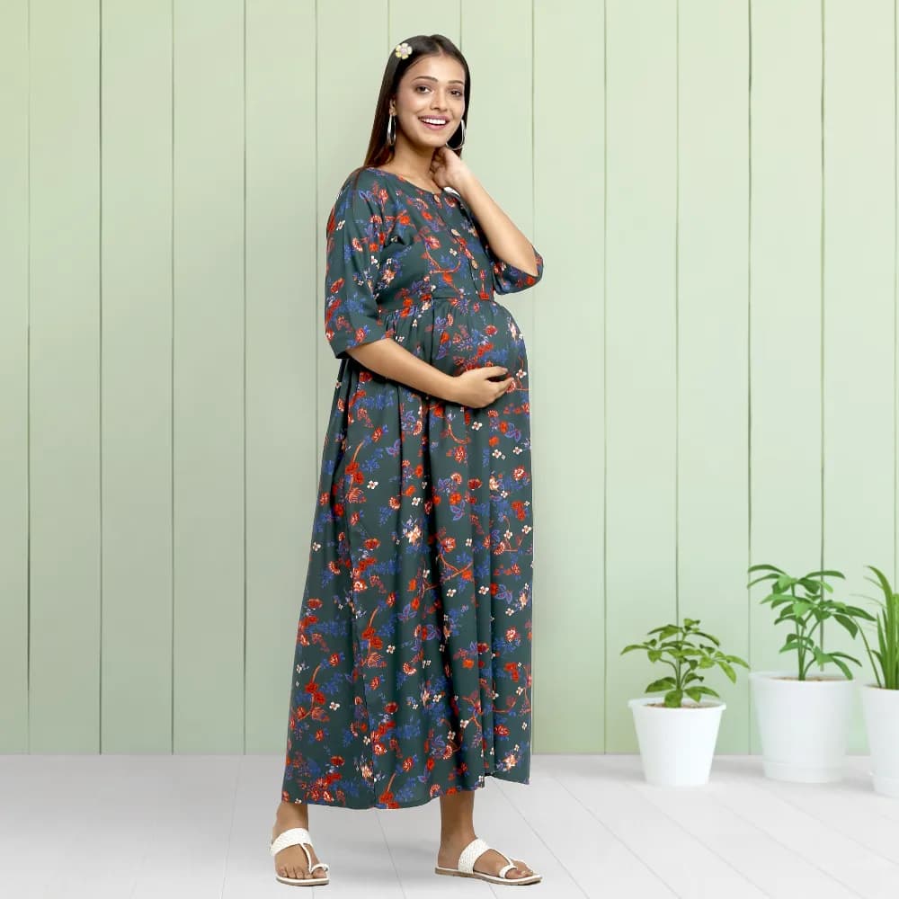 Maternity Dresses For Women with Both Side Zipper For Easy Feeding | Adjustable Belt for Growing Belly | Maxi Dress | Garden Flowers - Teal | XL