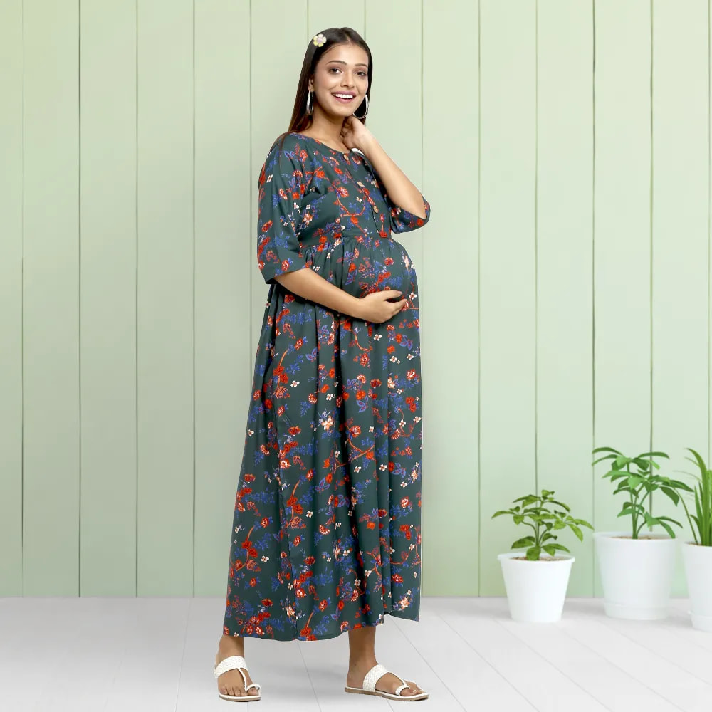 Maternity Dress - XL - Garden Flowers - Teal