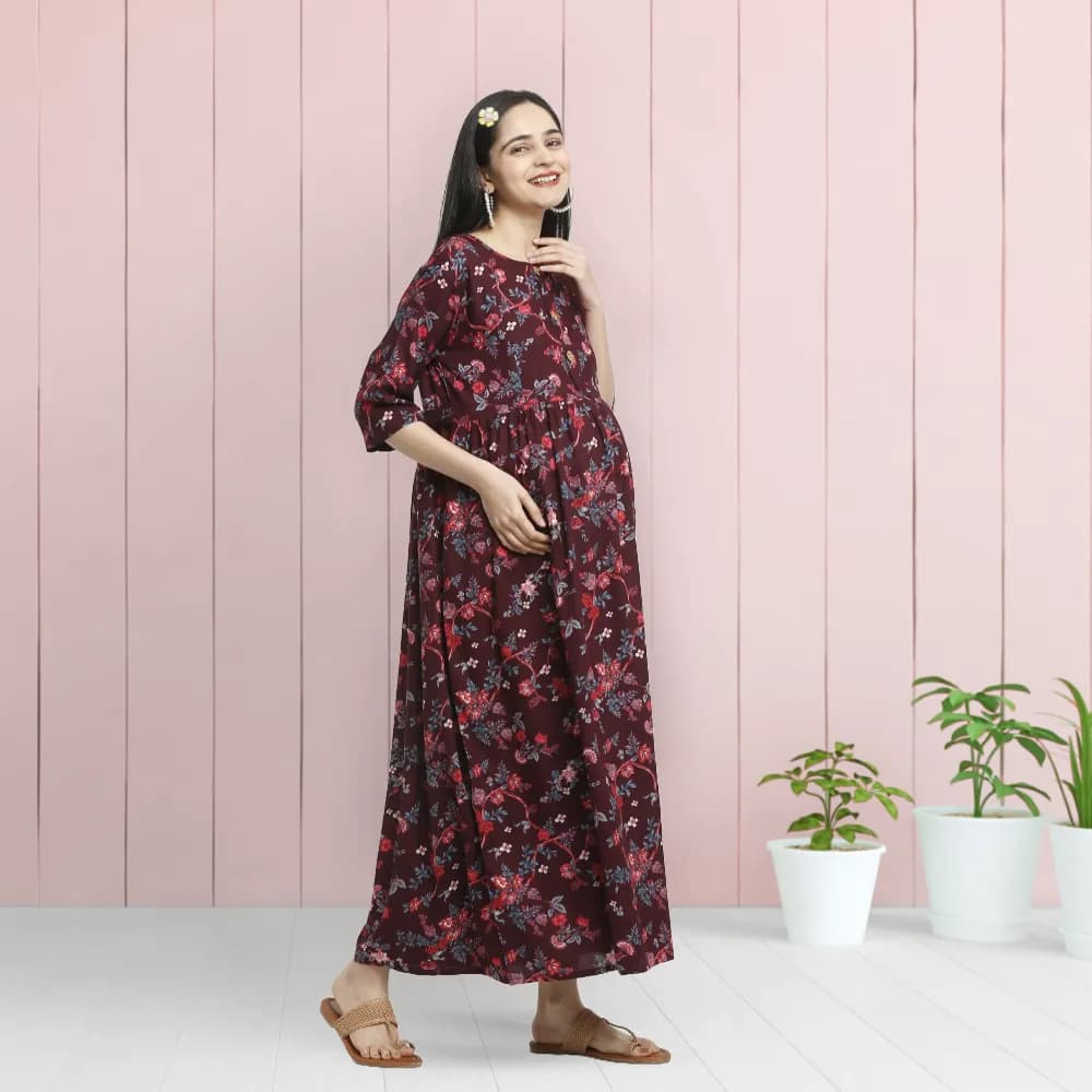 Maternity Dresses For Women with Both Side Zipper For Easy Feeding | Adjustable Belt for Growing Belly | Maxi Dress | Garden Flowers - Wine | M