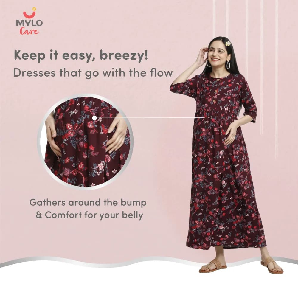 Maternity Dresses For Women with Both Side Zipper For Easy Feeding | Adjustable Belt for Growing Belly | Maxi Dress | Garden Flowers - Wine | M