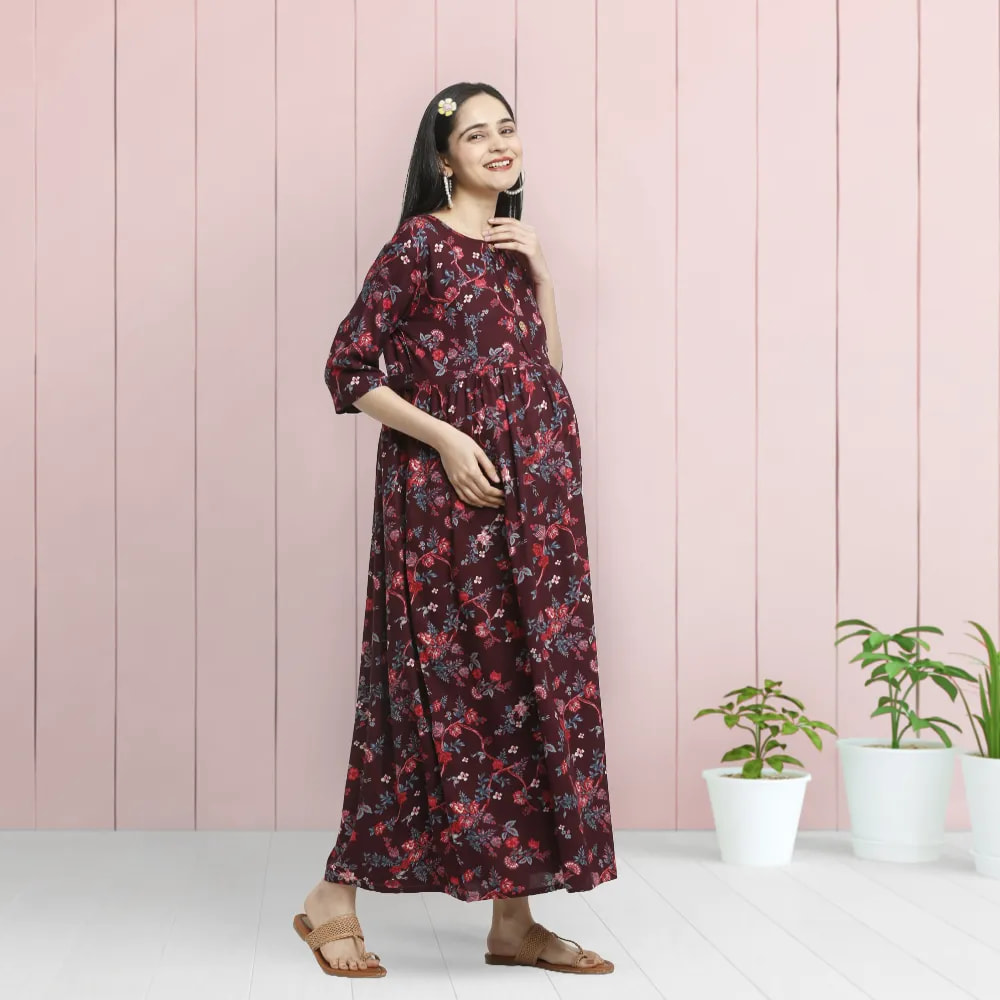 Maternity Dresses For Women with Both Side Zipper For Easy Feeding | Adjustable Belt for Growing Belly | Maxi Dress | Garden Flowers - Wine | L