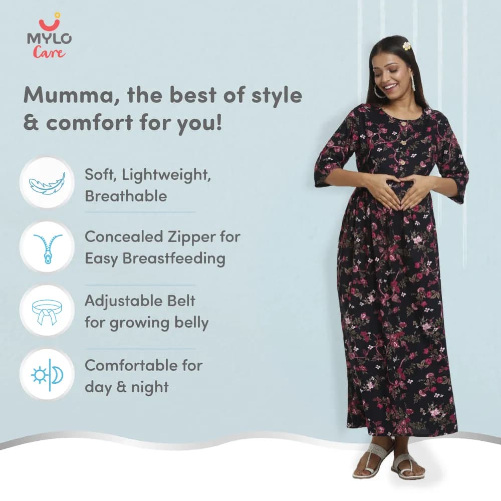 Maternity Dresses For Women with Both Side Zipper For Easy Feeding | Adjustable Belt for Growing Belly | Maxi Dress | Garden Flowers - Navy | M