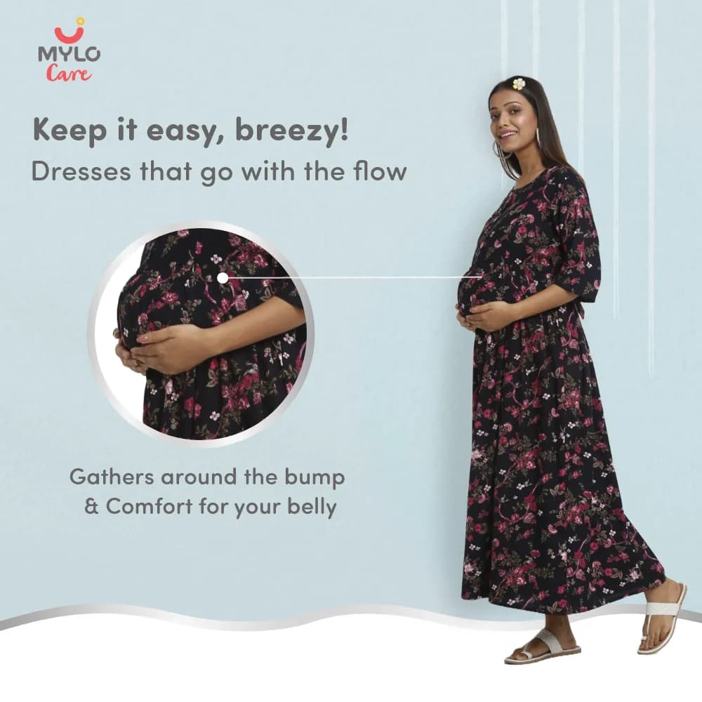 Maternity Dresses For Women with Both Side Zipper For Easy Feeding | Adjustable Belt for Growing Belly | Maxi Dress | Garden Flowers - Navy | M
