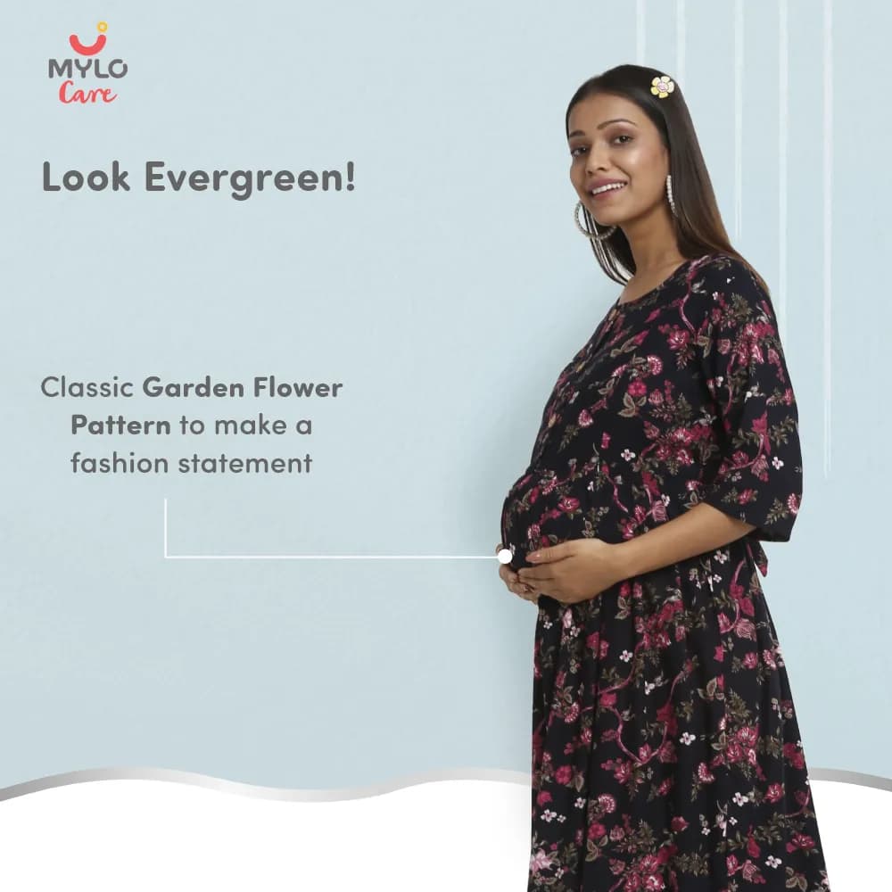 Maternity Dresses For Women with Both Side Zipper For Easy Feeding | Adjustable Belt for Growing Belly | Maxi Dress | Garden Flowers - Navy | L