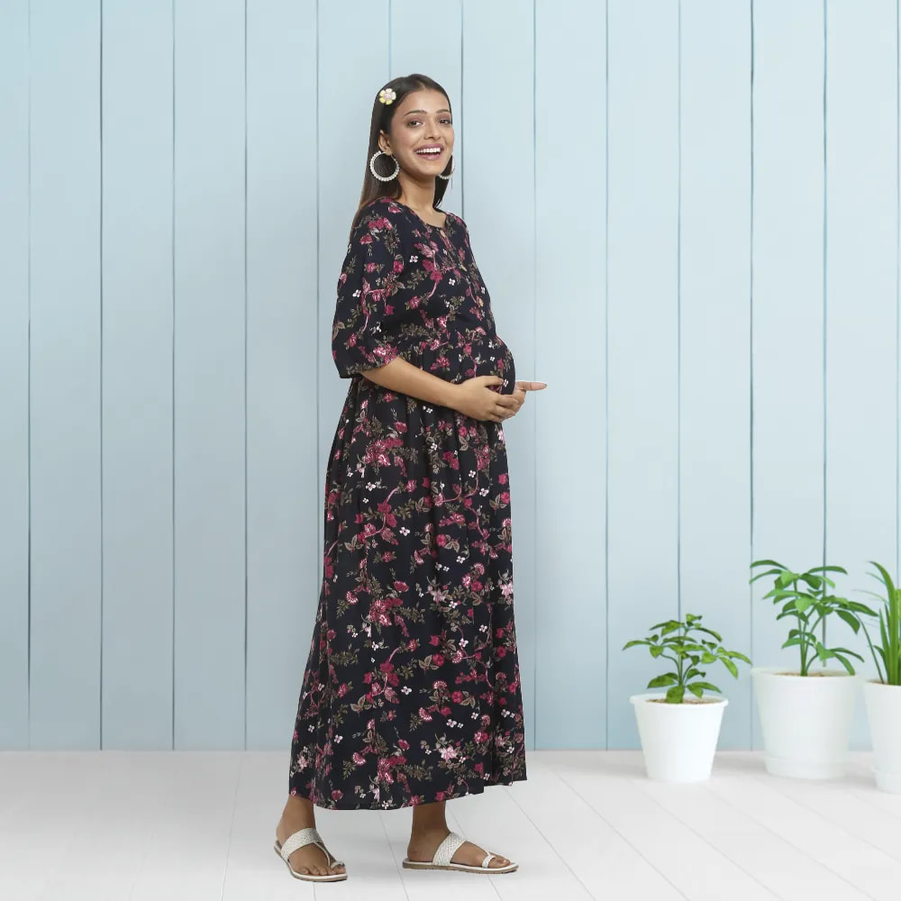 Maternity Dress - XL - Garden Flowers - Navy