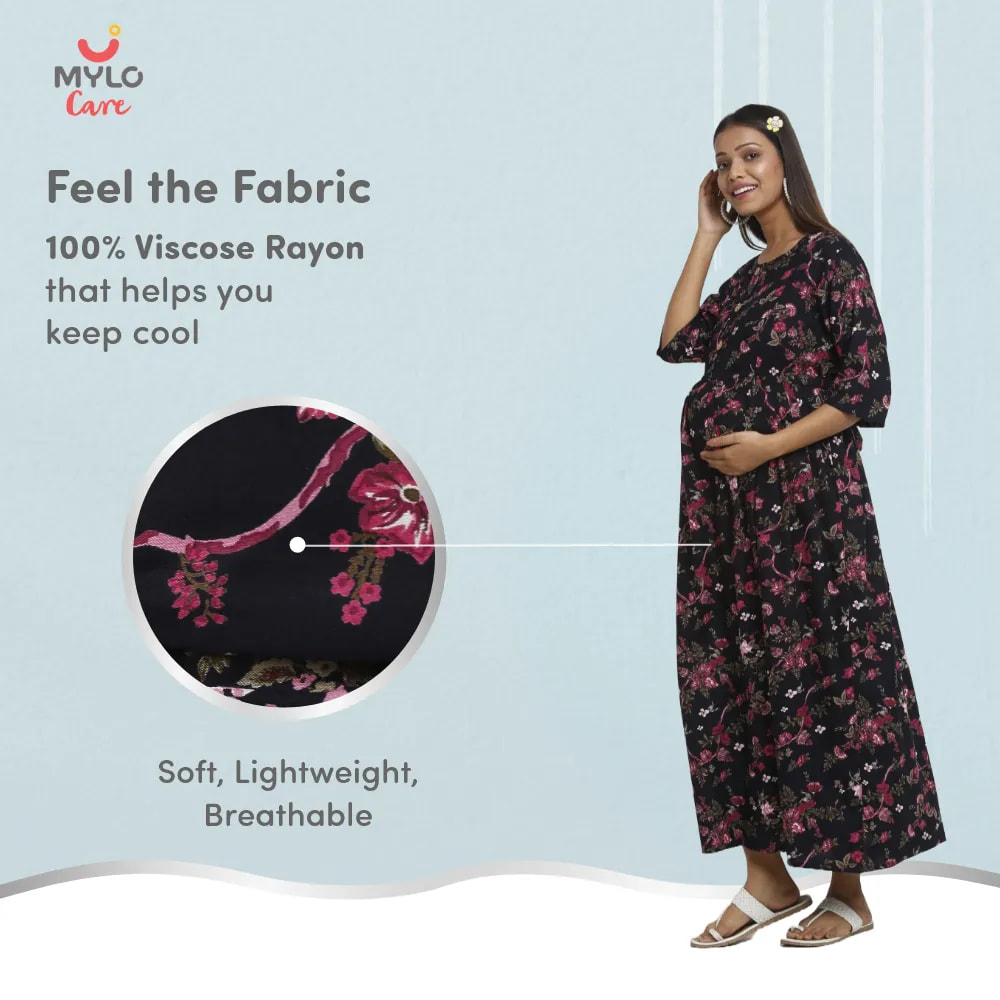 Maternity Dresses For Women with Both Side Zipper For Easy Feeding | Adjustable Belt for Growing Belly | Maxi Dress | Garden Flowers - Navy | XXL
