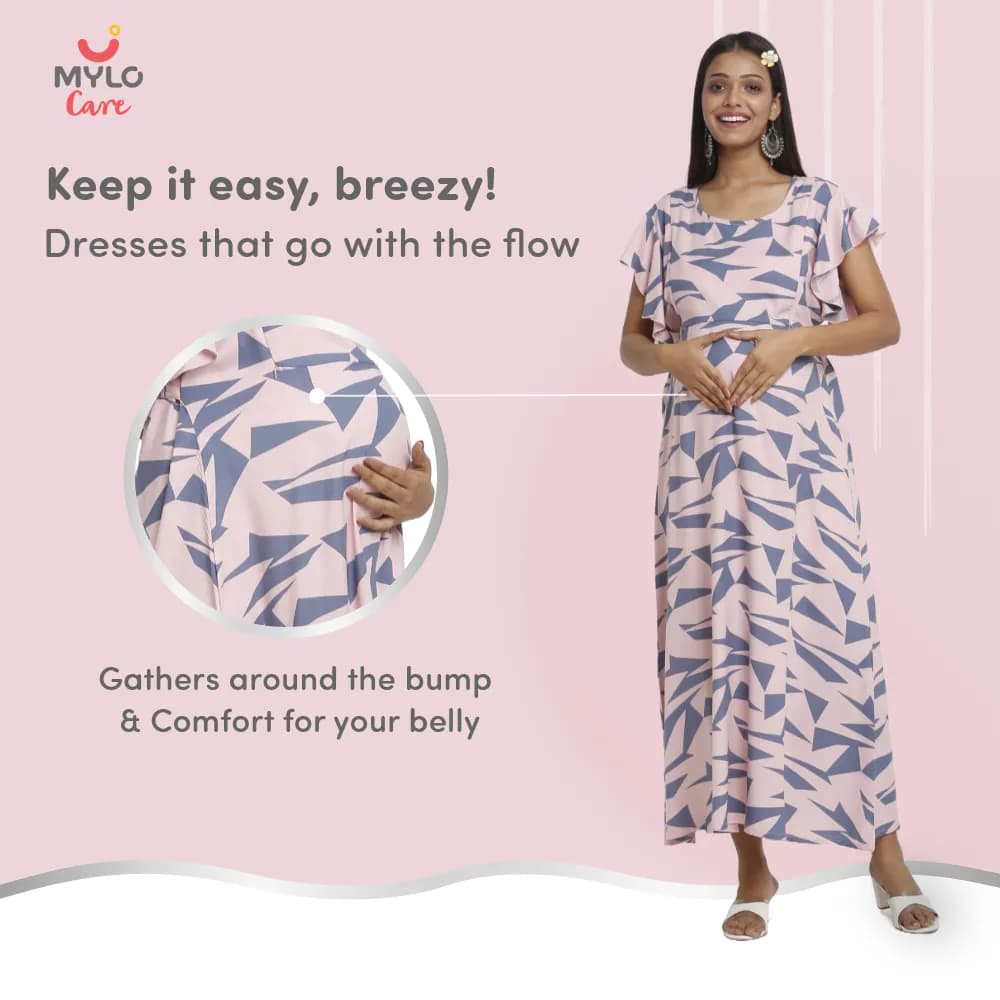 Maternity Dresses For Women with Both Side Zipper For Easy Feeding | Adjustable Belt for Growing Belly | Maxi Dress | Geometric - Pink | M