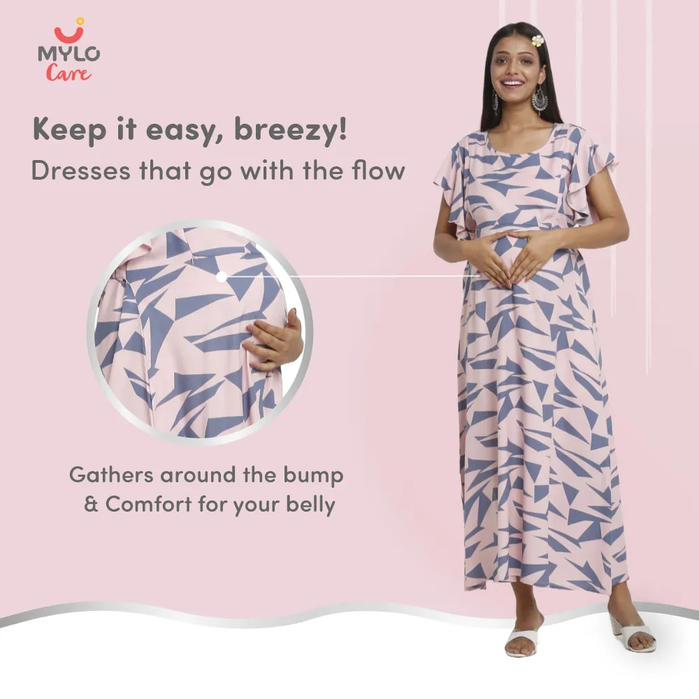 Maternity Dresses For Women with Both Side Zipper For Easy Feeding | Adjustable Belt for Growing Belly | Maxi Dress | Geometric - Pink | XXL