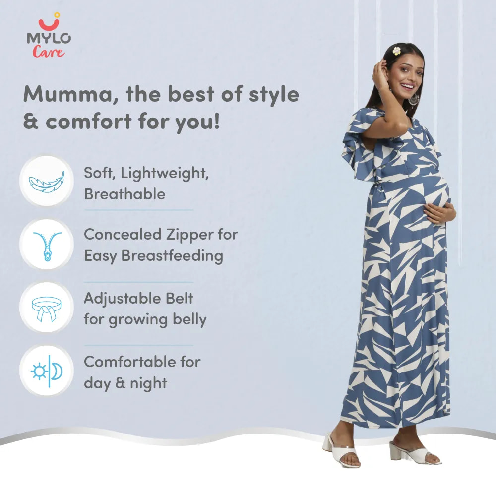 Maternity Dresses For Women with Both Side Zipper For Easy Feeding | Adjustable Belt for Growing Belly | Maxi Dress | Geometric - Blue | M