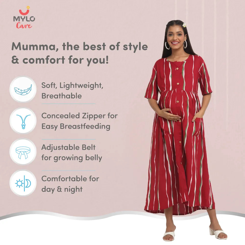 Maternity Dresses For Women with Both Side Zipper For Easy Feeding | Adjustable Belt for Growing Belly | Maxi Dress | Stripes - Red | M