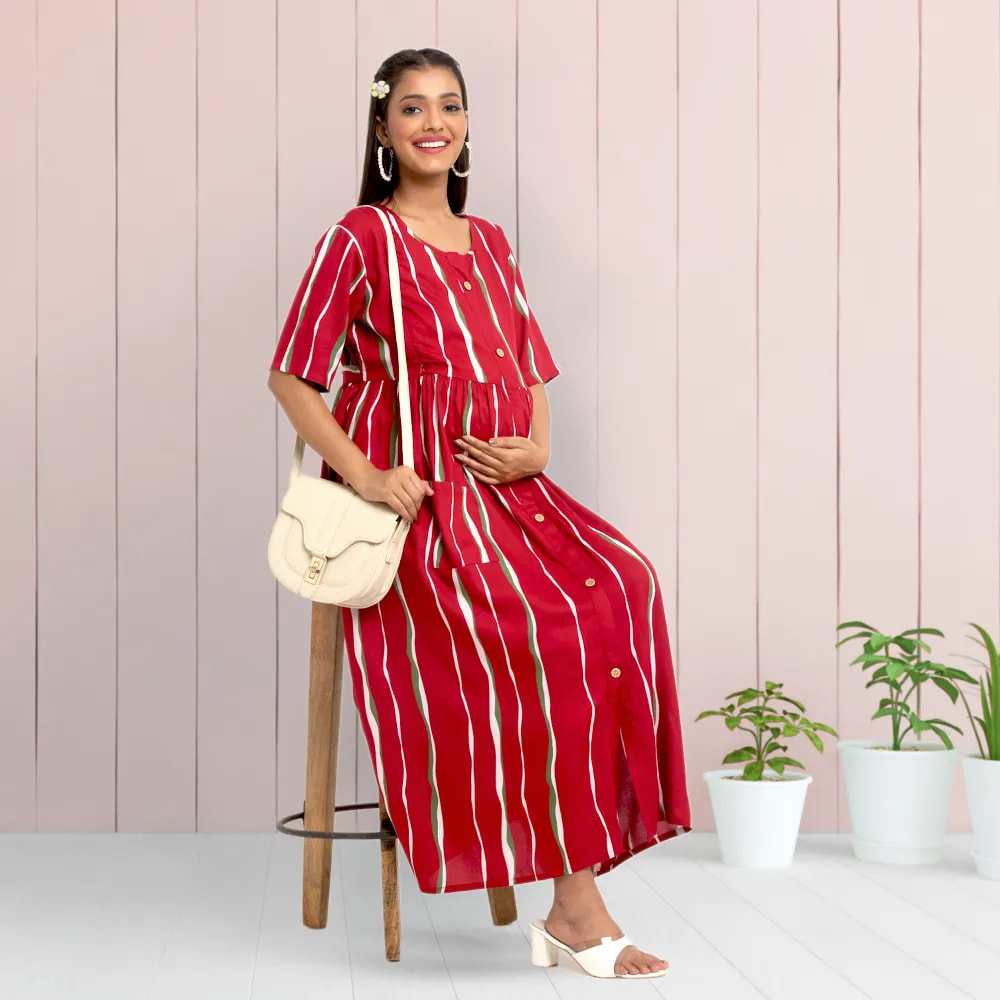 Maternity Dress - L - Stripes - Red