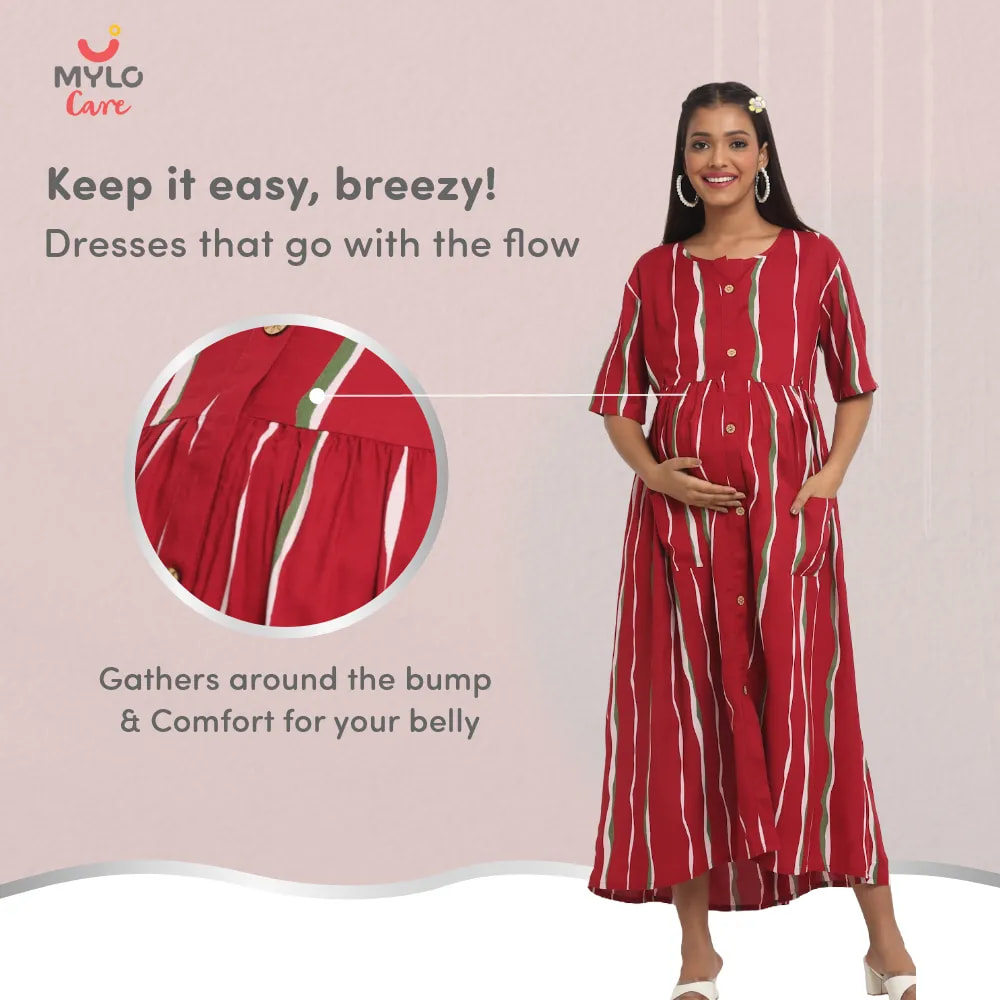 Maternity Dresses For Women with Both Side Zipper For Easy Feeding | Adjustable Belt for Growing Belly | Maxi Dress | Stripes - Red | XL