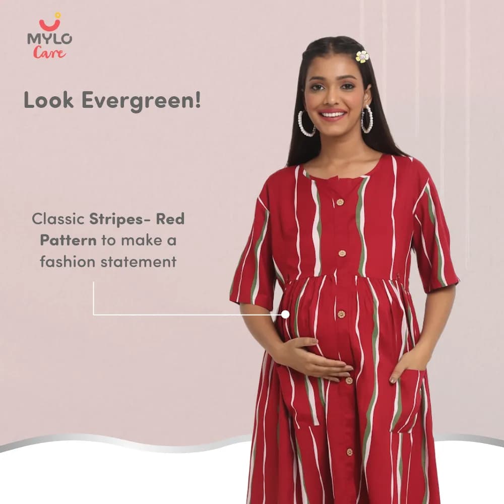 Maternity Dresses For Women with Both Side Zipper For Easy Feeding | Adjustable Belt for Growing Belly | Maxi Dress | Stripes - Red | XXL